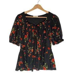 Ember Black Red Floral Blouse Lined Sweetheart Coquette Y2K Romantic Milkmaid